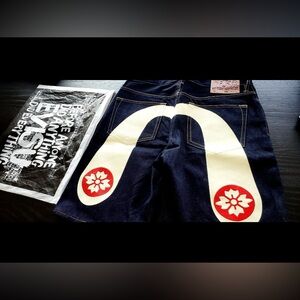 EVISU Red Pink Sakura Embroidery Daicock Denim Jeans Shorts NWT & Bag